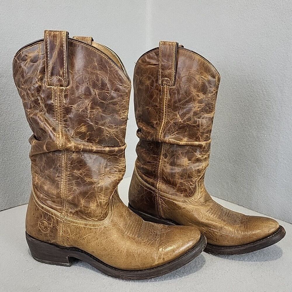Women's Cowboy HH Double H Tan Leather Boots 8.5 Cowgirl Distressed
